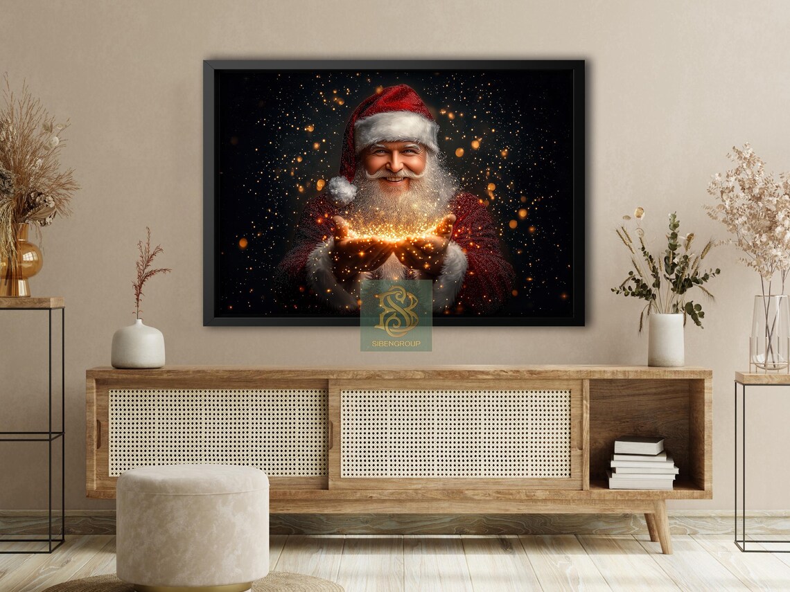 Santa Claus Holding Golden Magic Lights on Dark Starry Night Poster - Image 4