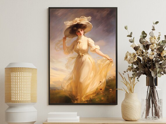 Country Lady Cream Dress Straw Hat Sunset Meadow Romantic Oil Painting Poster