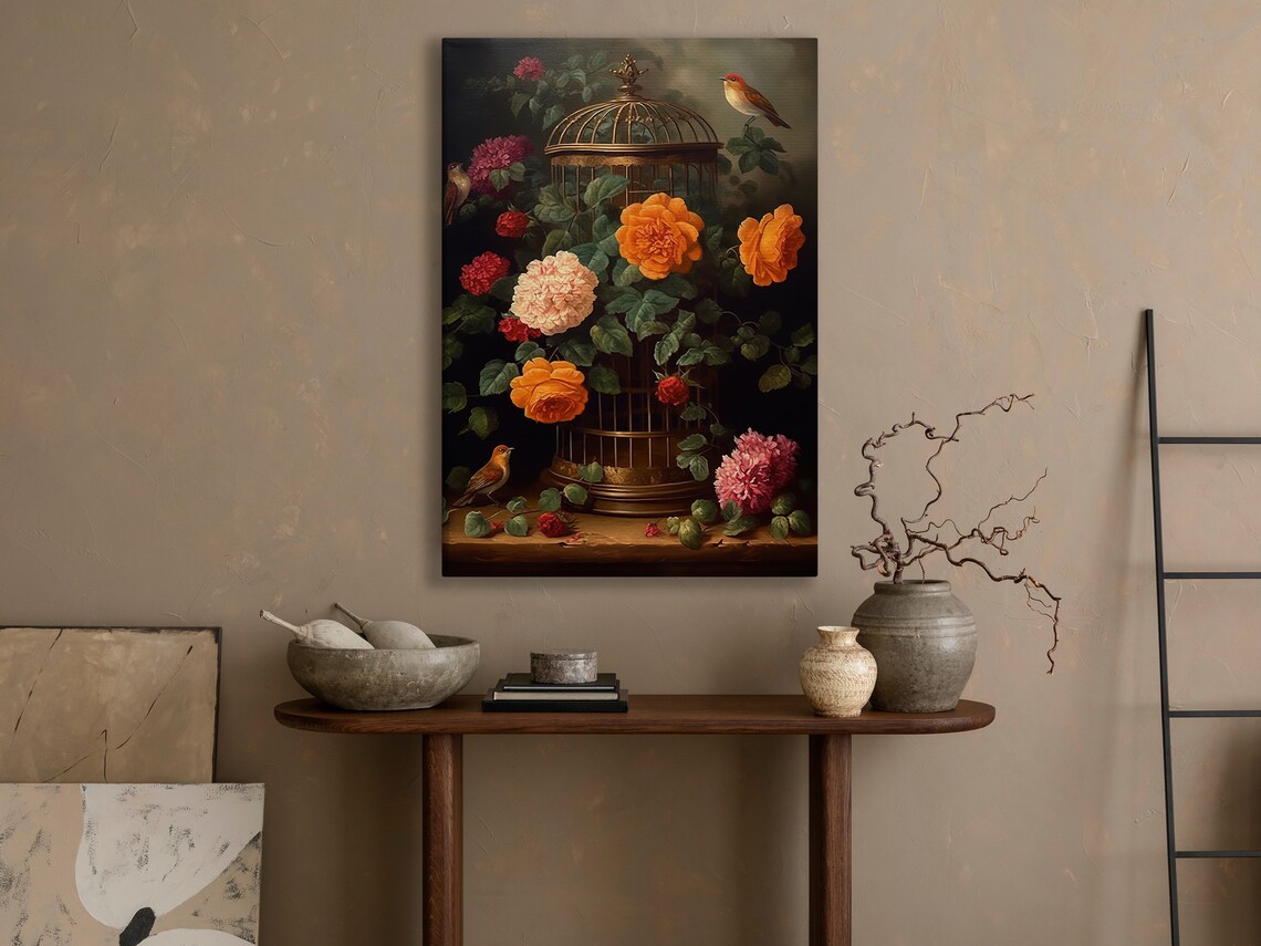 Antique Birdcage Lush Roses Small Birds Dark Romantic Floral Art Poster - Image 4