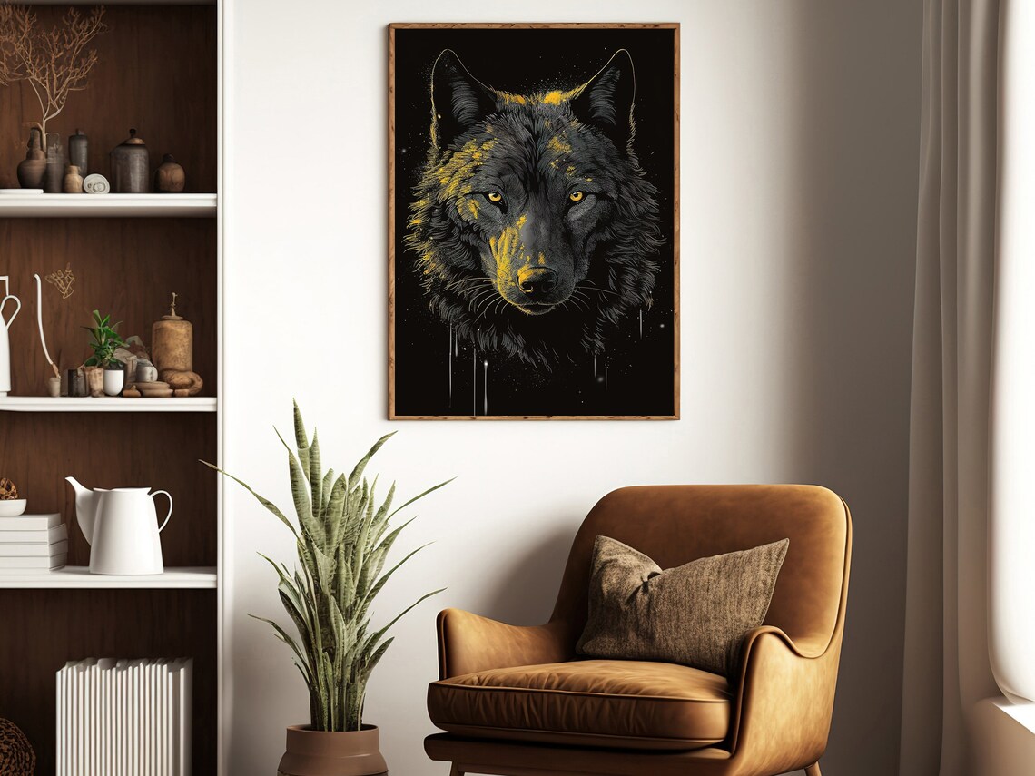 Black Wolf Golden Eyes Dark Wildlife Portrait Wall Art Poster - Image 2