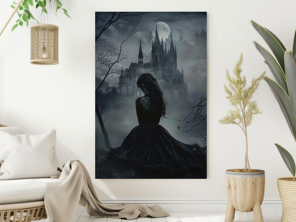 Young Witch Gazing at Misty Gothic Castle Under Full Moon Art Poster - Image 2