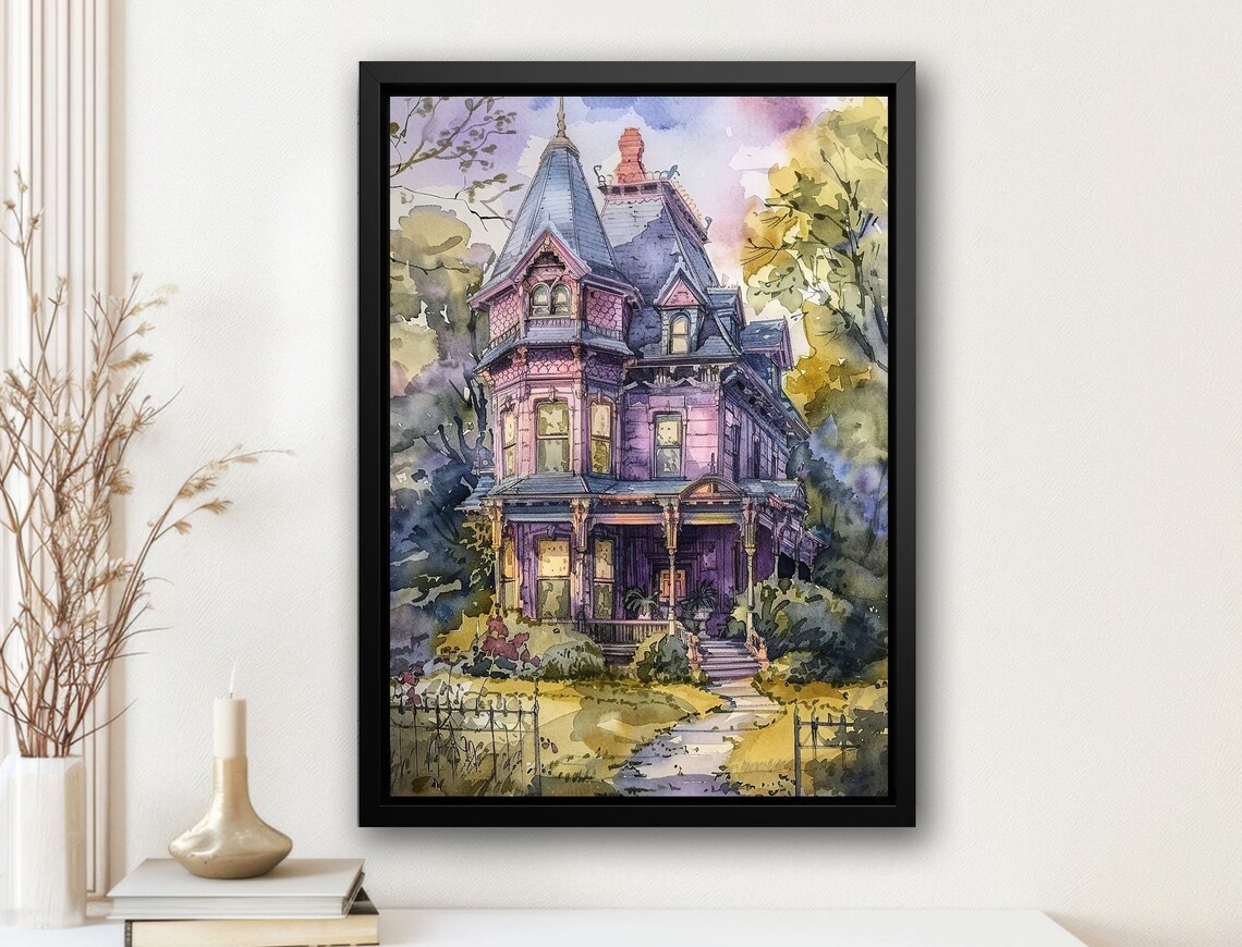 Pink Victorian Mansion Tower Watercolor Haunted House Halloween Dreamy Art Poster
