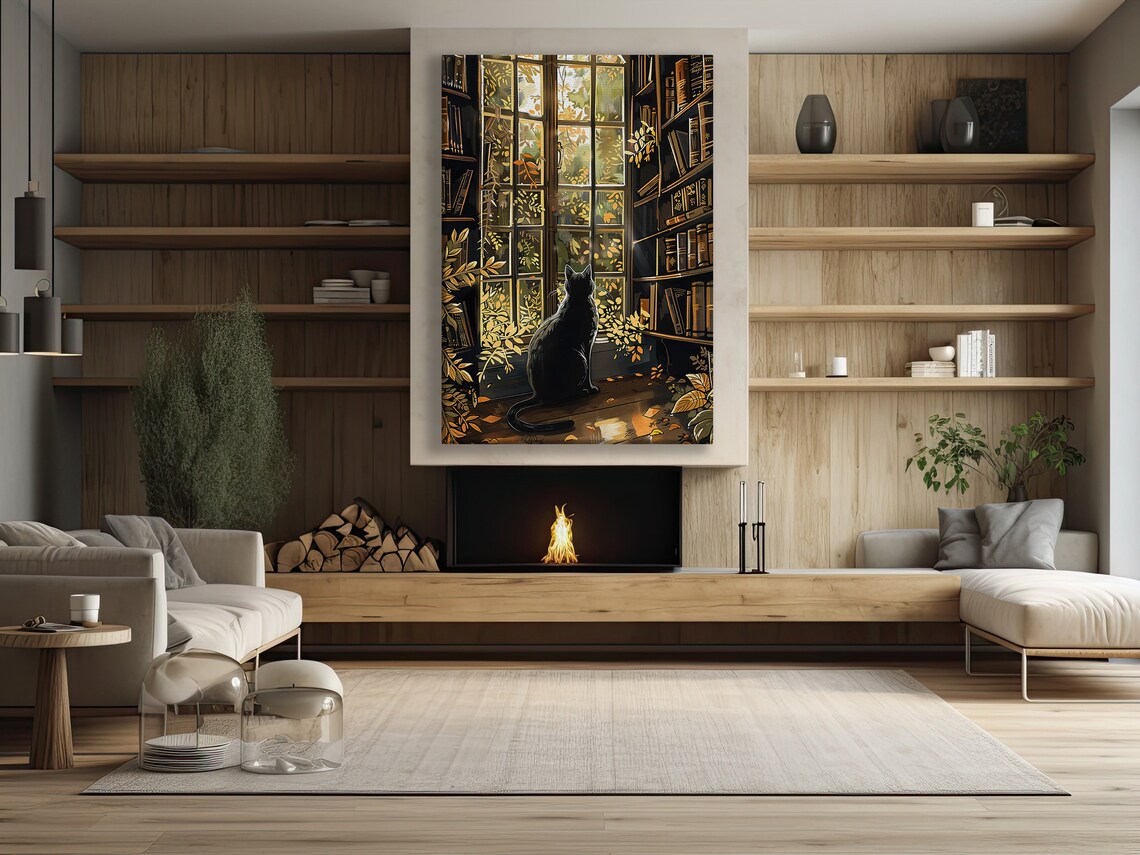Black Cat In Library Window Autumn Golden Light Cozy Bookshelf Art Poster - Image 3