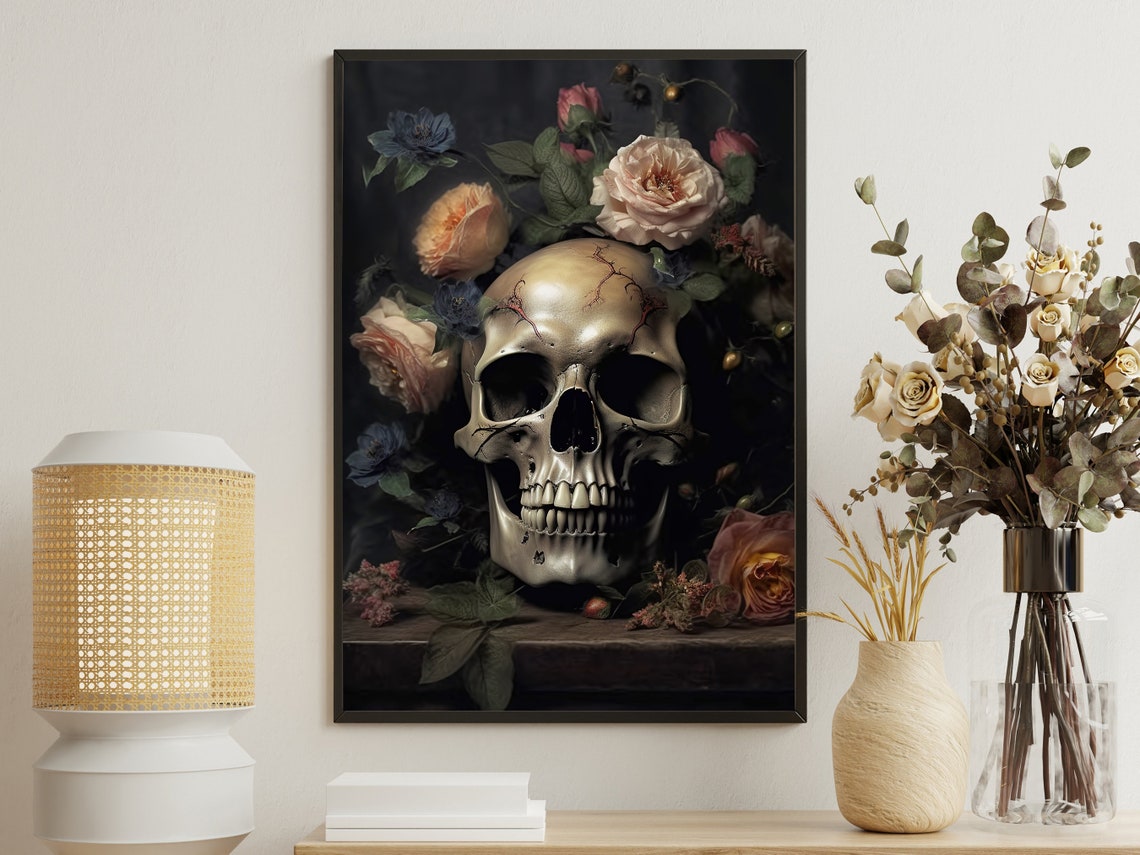 Vanitas Skull Crowned Roses Dark Floral Baroque Still Life Art Poster