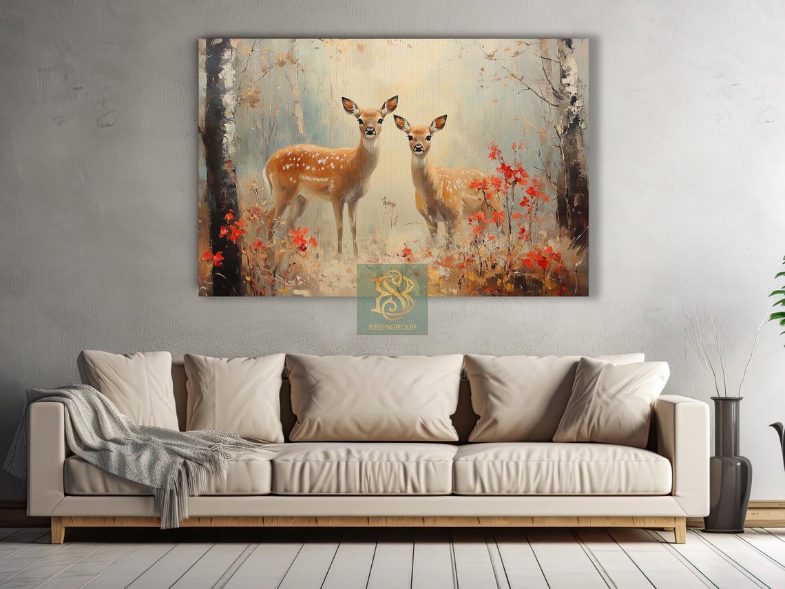 Two Spotted Sika Deer in Misty Forest With Red Berries Poster - Image 2