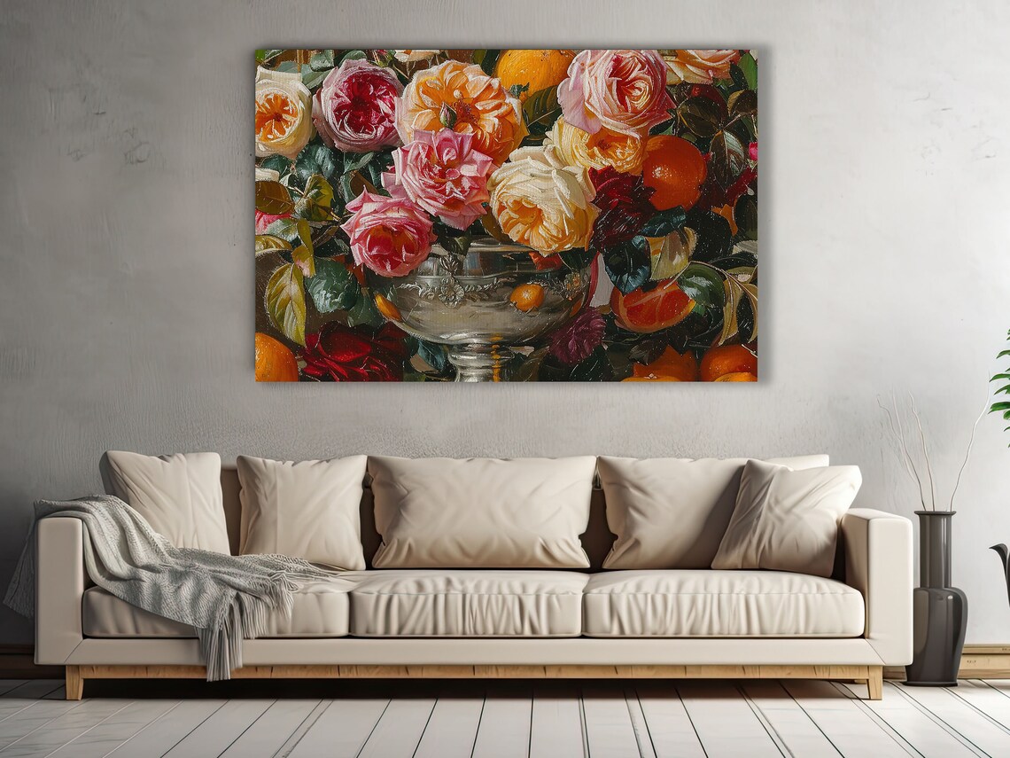Roses And Oranges Still Life Silver Urn Classic Floral Art Poster - Image 2