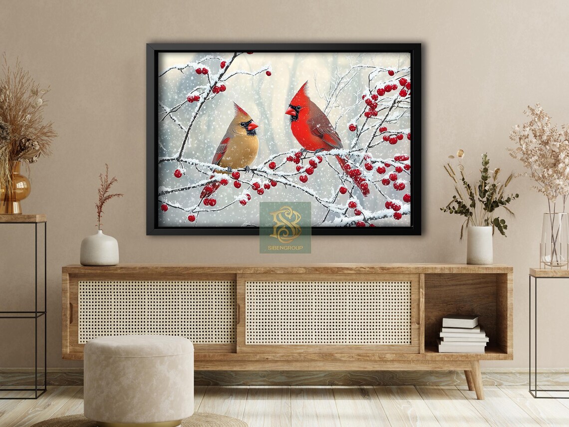 Pair Of Cardinals Snowy Berry Branches Winter Bird Painting Wall Art - Image 4