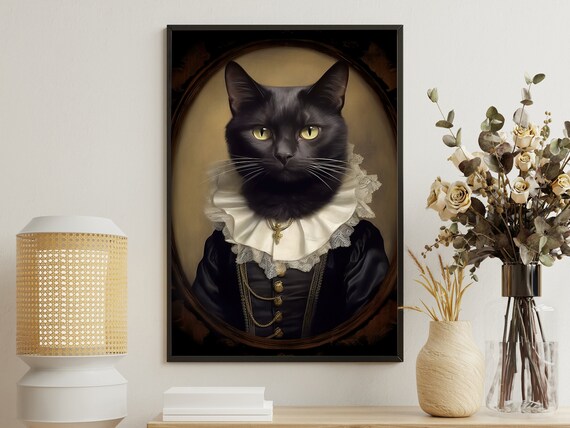 Gothic Black Cat Lace Ruff Cameo Vintage Noble Portrait Poster