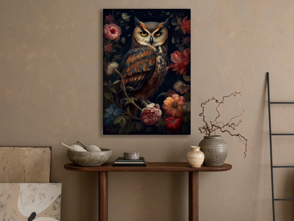 Wise Owl Among Vivid Blooms On Dark Midnight Blue Floral Animal Art Poster - Image 2