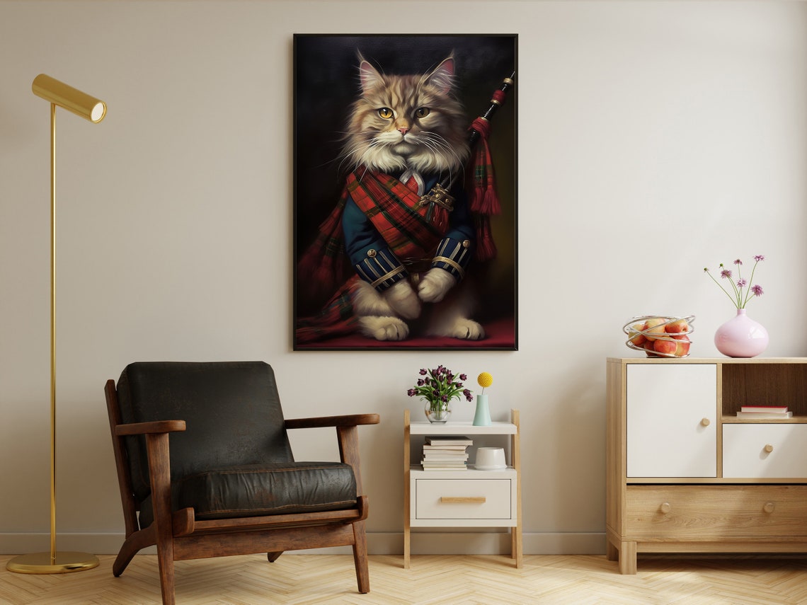 Scottish Piper Cat Tartan Sash Bagpipes Royal Portrait Poster - Image 3