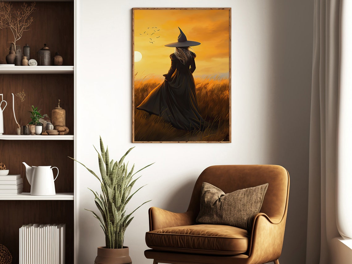 Witch In Golden Wheat Field At Sunset With Birds Flying Art Print - Image 3