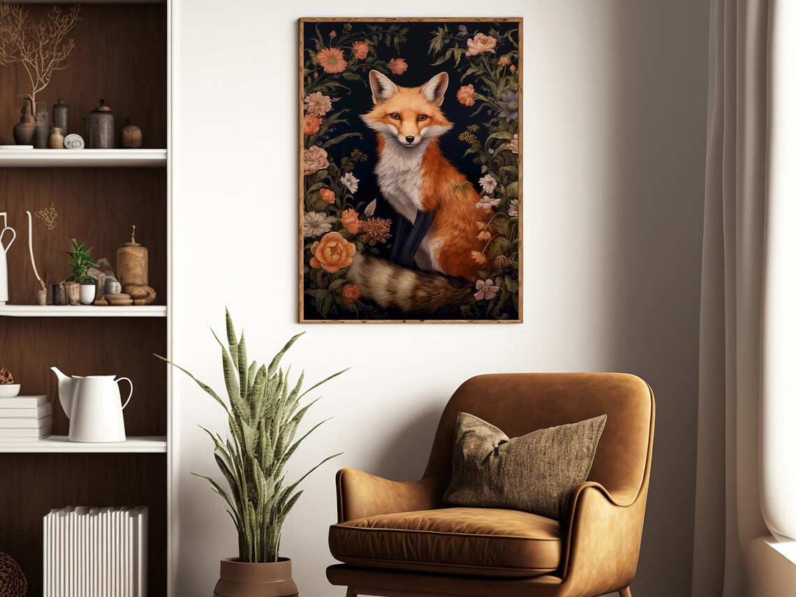 Red Fox Surrounded By Blush Roses Dark Botanical Vintage Wildlife Portrait Print - Image 3