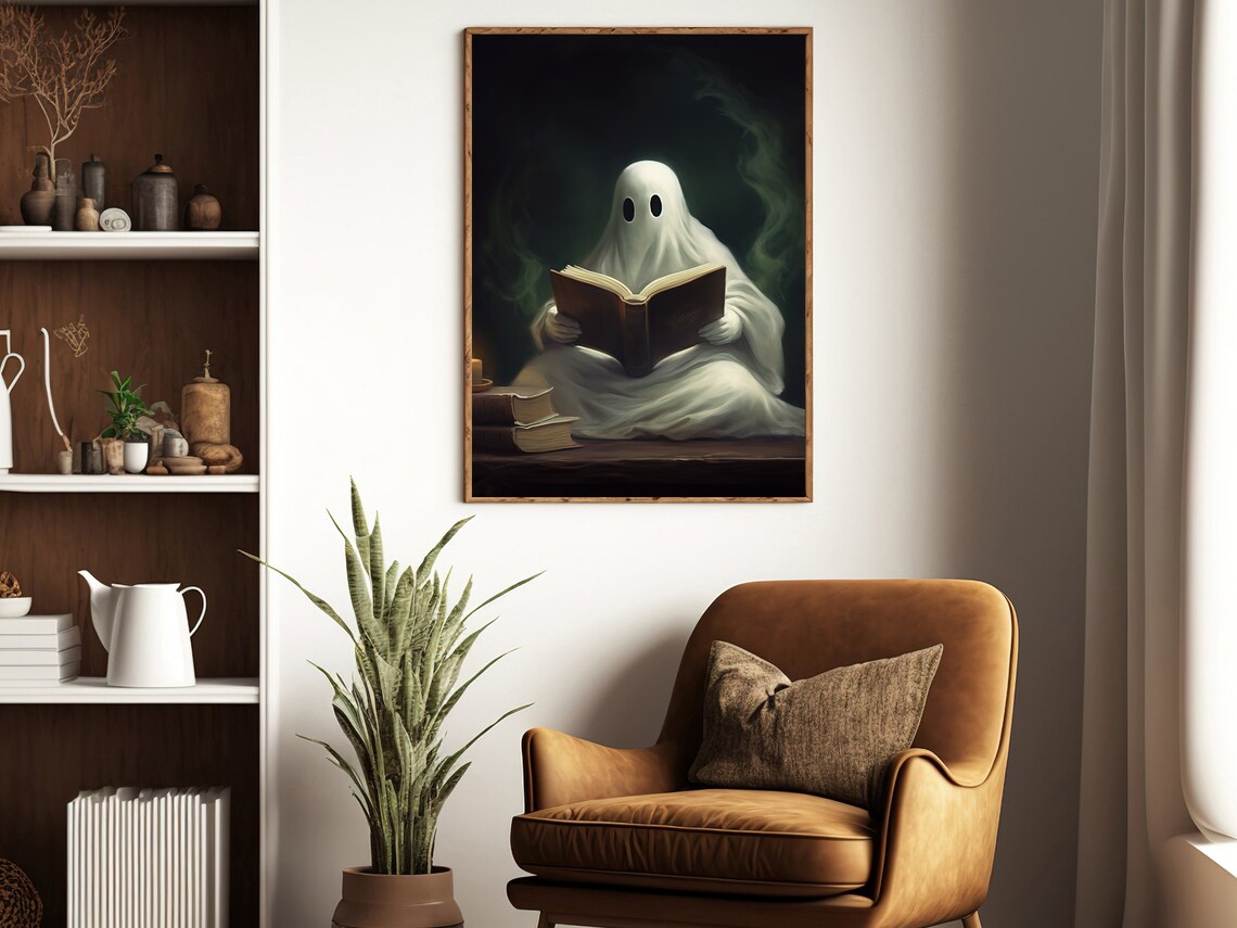 Cute Ghost Reading Old Book By Candlelight Vintage Spooky Halloween Night Print - Image 4