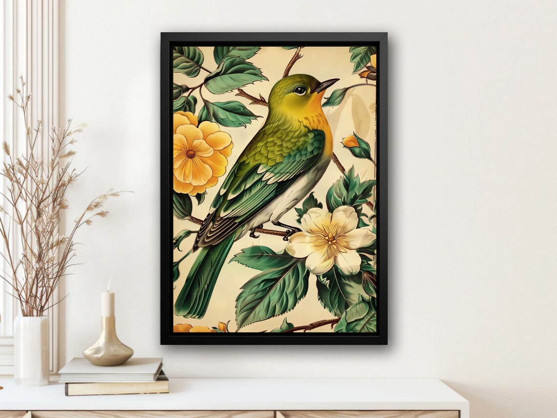 Vintage Green Bird Botanical Print Flowering Branch Songbird Poster - Image 3
