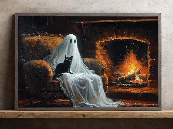 Ghost Relaxing in Armchair by Fireplace with Black Cat Cozy Halloween Poster