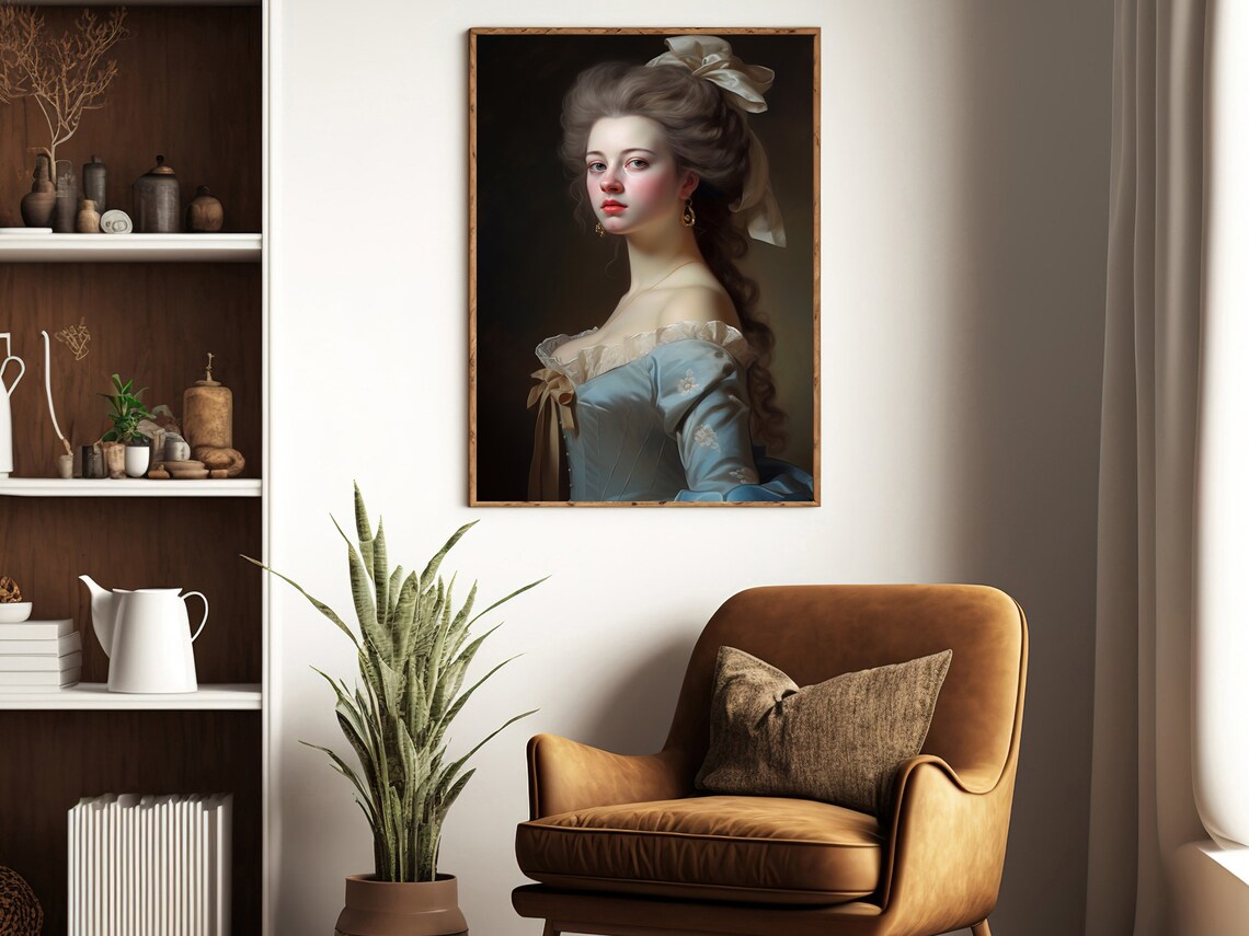 Retro Lady Blue Gown White Bow Hair Classic Rococo Portrait Art Poster - Image 2