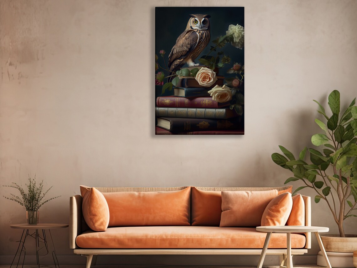 Owl On Vintage Books With Roses Floral Dark Academia Bird Art Poster - Image 2