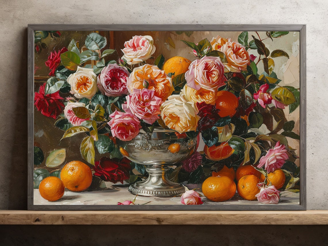 Roses And Oranges Still Life Silver Urn Classic Floral Art Poster