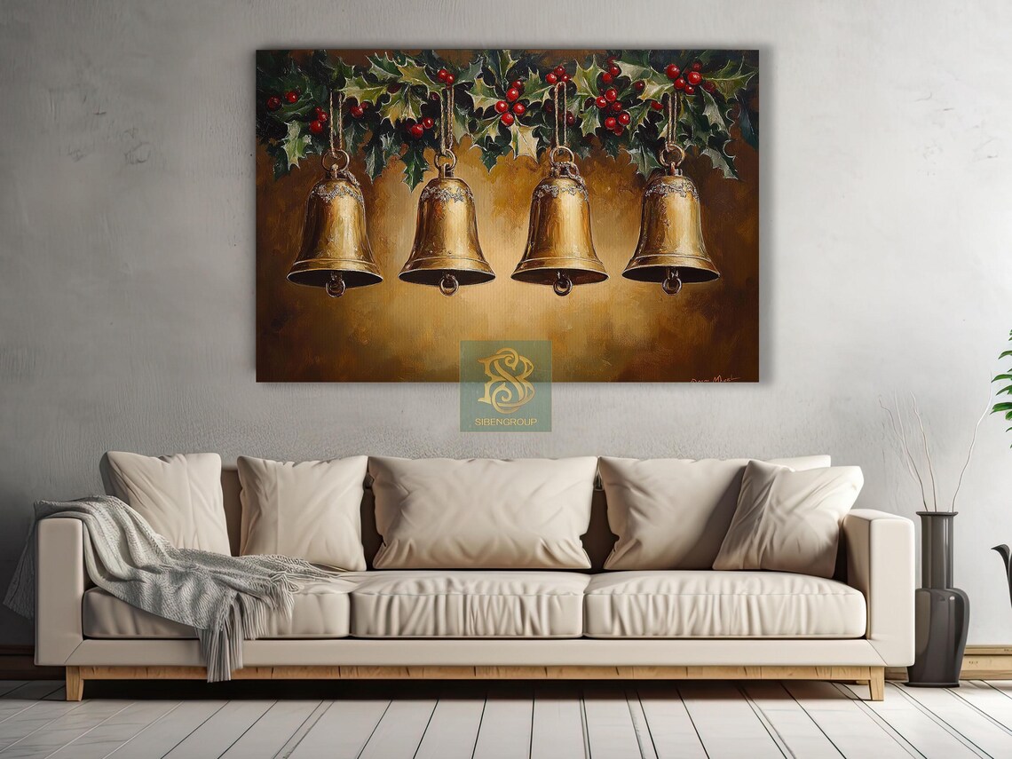 Four Brass Christmas Bells Hanging Under Holly Garland Gold Poster - Image 3