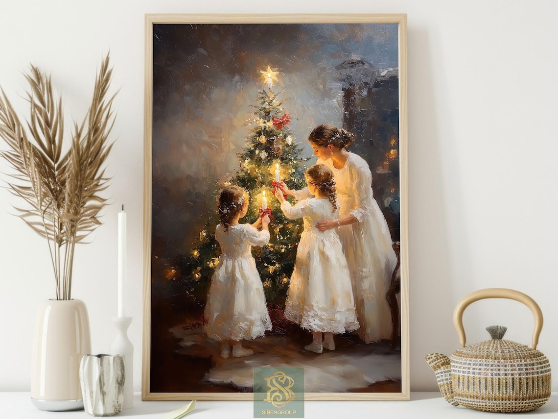 Mother and Daughters Lighting Candles on Christmas Tree Family Poster