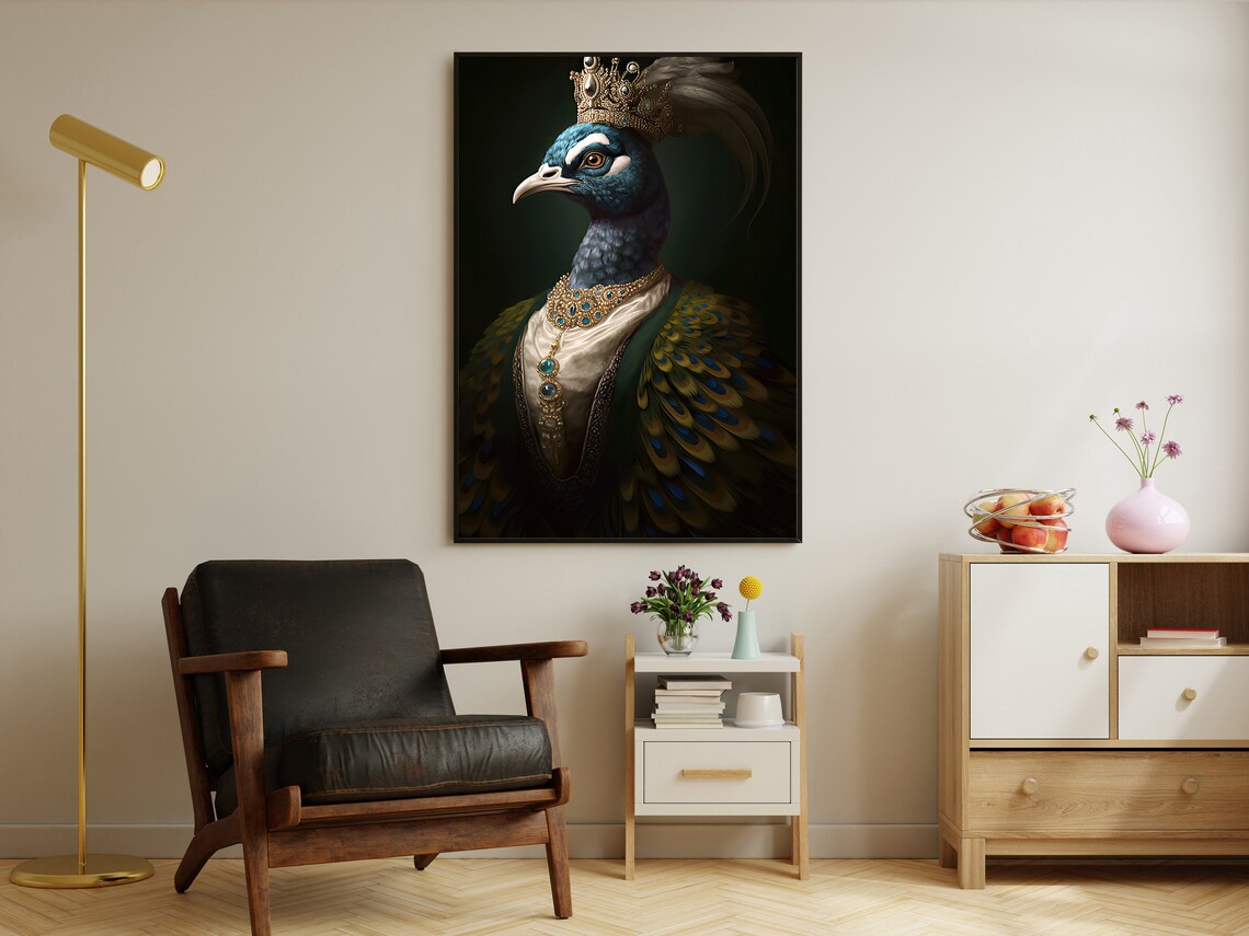 Regal Peacock In Golden Crown And Jewels Royal Portrait Art Print - Image 3