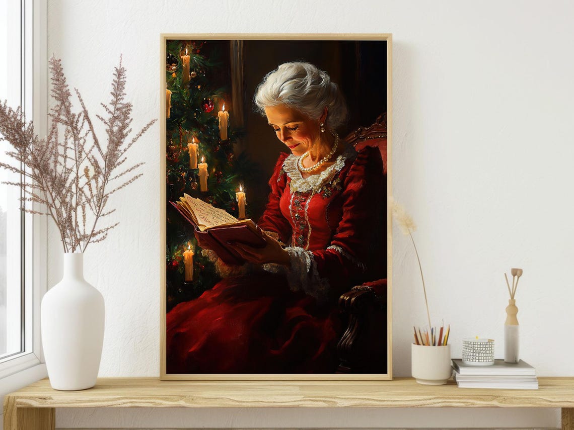 Vintage Mrs Claus Reading by Candlelight Beside Christmas Tree Poster - Image 3