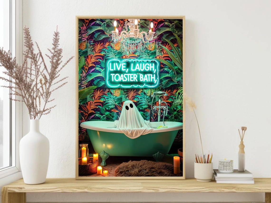 Neon Live Laugh Toaster Bath Ghost Tropical Bathtub Funny Art Poster - Image 4