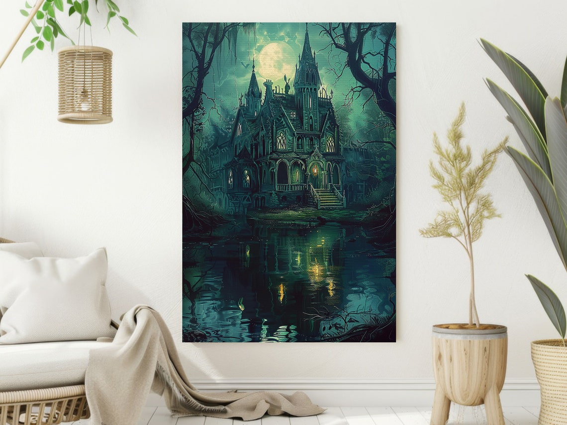 Haunted Gothic Mansion By Moonlit Lake Green Night Castle Poster - Image 2