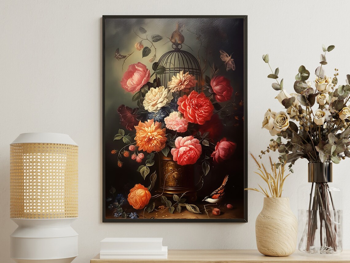 Dutch Master Floral Still Life Roses Birdcage Butterflies Classic Oil Art Poster