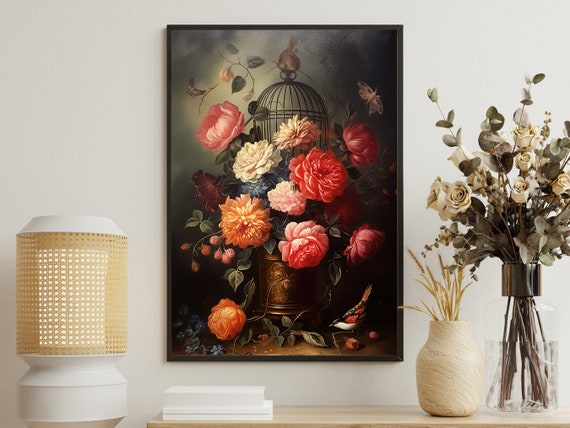 Vintage Wild Flowers Vase Art Print Dark Gothic Flowers Poster Print