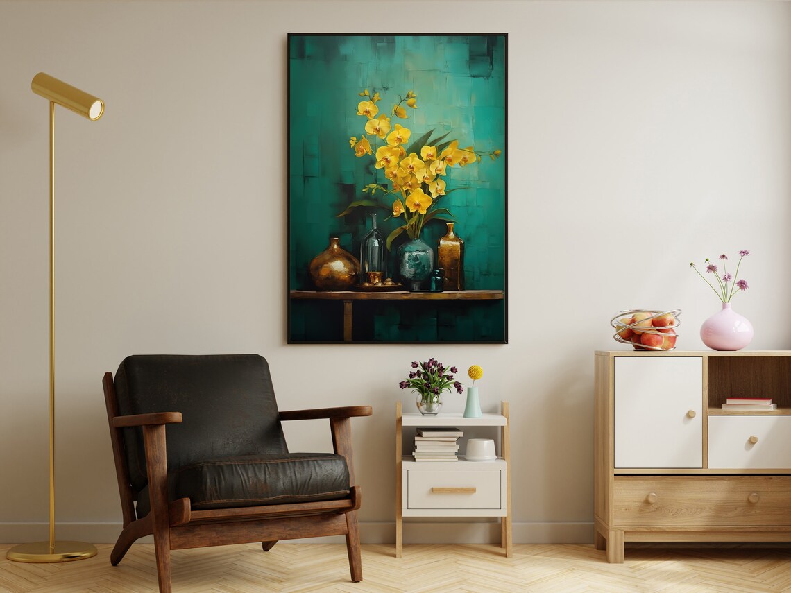 Golden Orchids Teal Vase Brass Bottles Modern Still Life Poster - Image 2