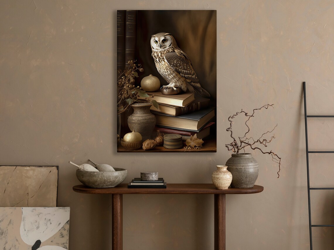 Wise Owl Perched On Vintage Book Stack Dark Academia Library Scholar Wall Art - Image 4