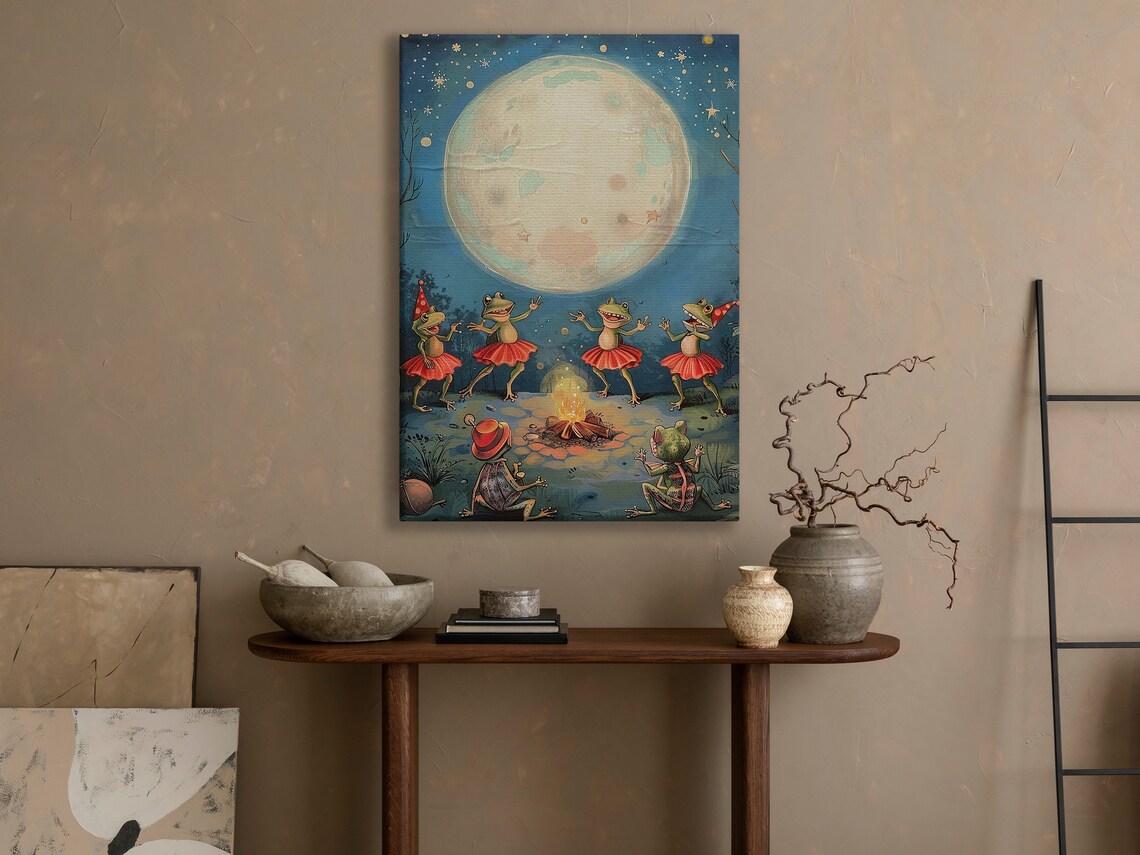 Dancing Frogs In Tutus Moonlit Campfire Party Whimsical Vintage Art Poster - Image 2