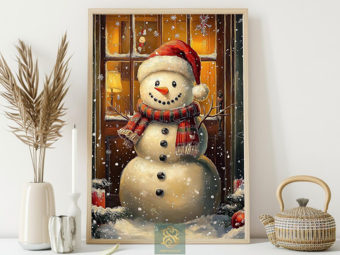 Cheerful Snowman in Santa Hat and Scarf by Glowing Window Night Poster - Image 4