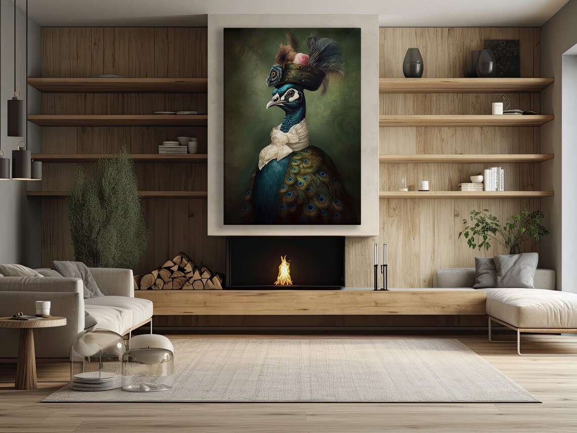 Peacock Gentleman In Victorian Feather Hat And White Bow Animal Art Poster - Image 2