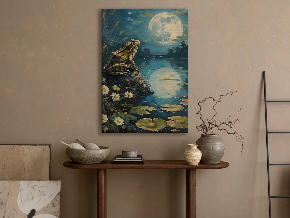 Toad On Rock Moonlit Pond Lily Pads Full Moon Art Nouveau Night Art Poster - Image 3