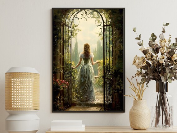 Victorian Lady Green Gown Garden Gate Romantic Secret Garden Art Poster Print