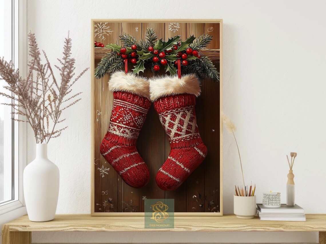Red Knit Christmas Stockings With Fur Cuffs on Wood Wall Art Print - Image 4
