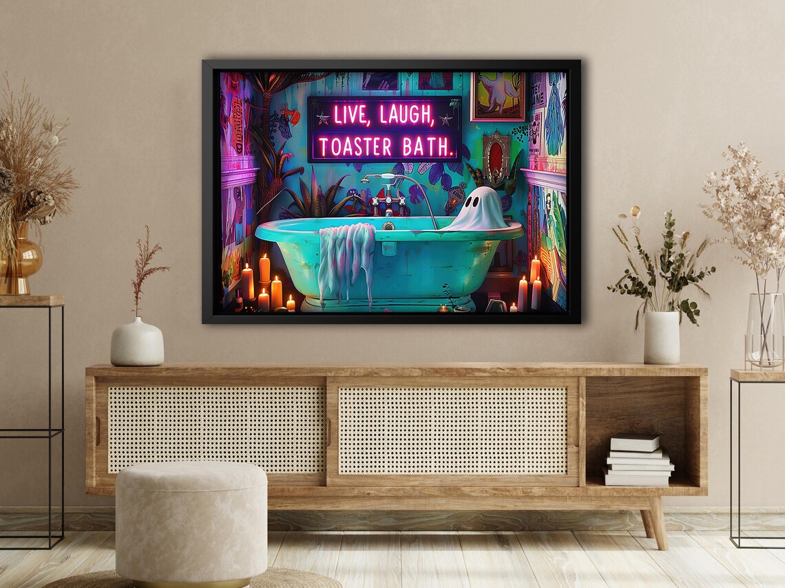 Funny Neon Live Laugh Toaster Bath Ghost Bathtub Halloween Art Poster - Image 4