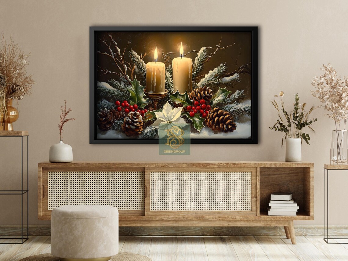 Two Ivory Candles With Holly Pinecones Poinsettia Snowy Winter Poster - Image 4