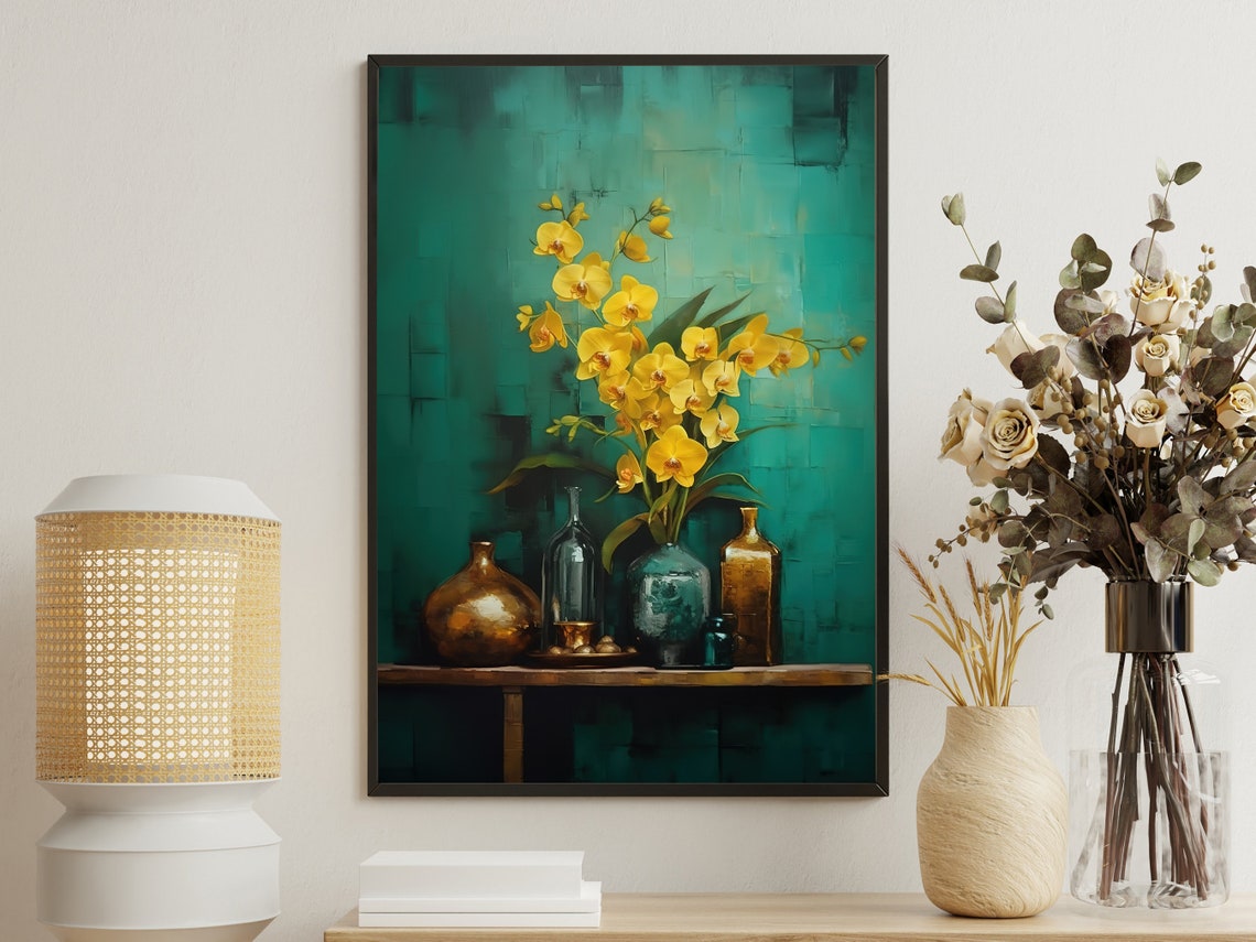 Golden Orchids Teal Vase Brass Bottles Modern Still Life Poster