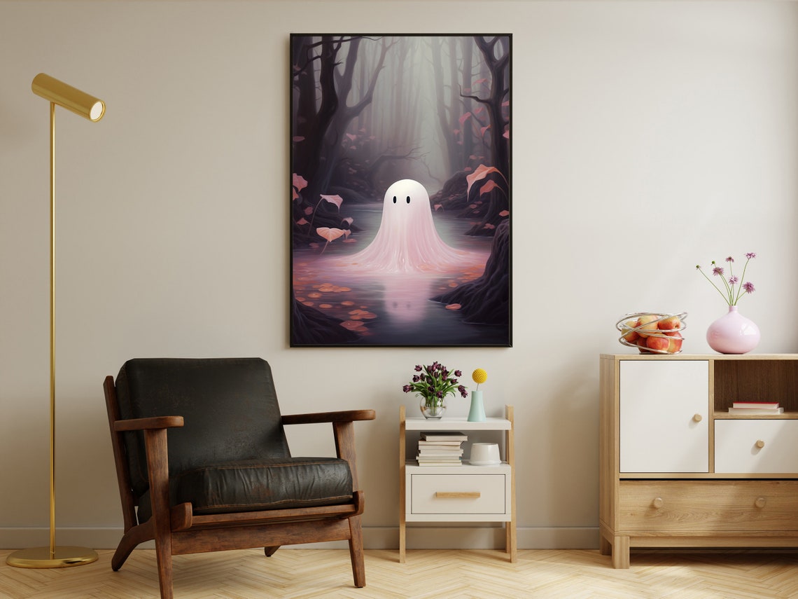 Pink Ghost Misty Forest Pond Dreamy Pastel Halloween Art Poster - Image 4