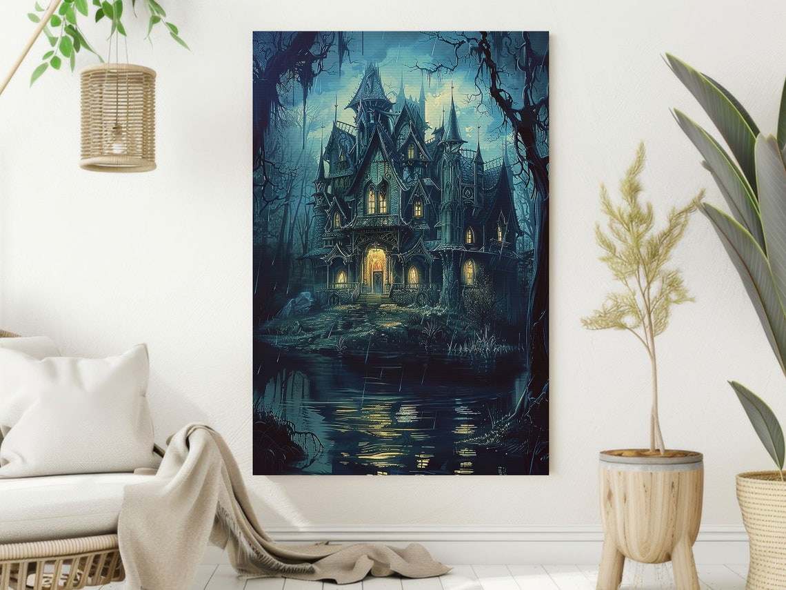 Dark Haunted Castle By Night Lake Glowing Windows Gothic Art Poster - Image 2