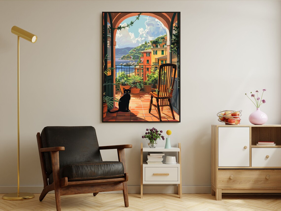 Black Cat On Italian Terrace Overlooking Coastal Town Travel Poster - Image 3