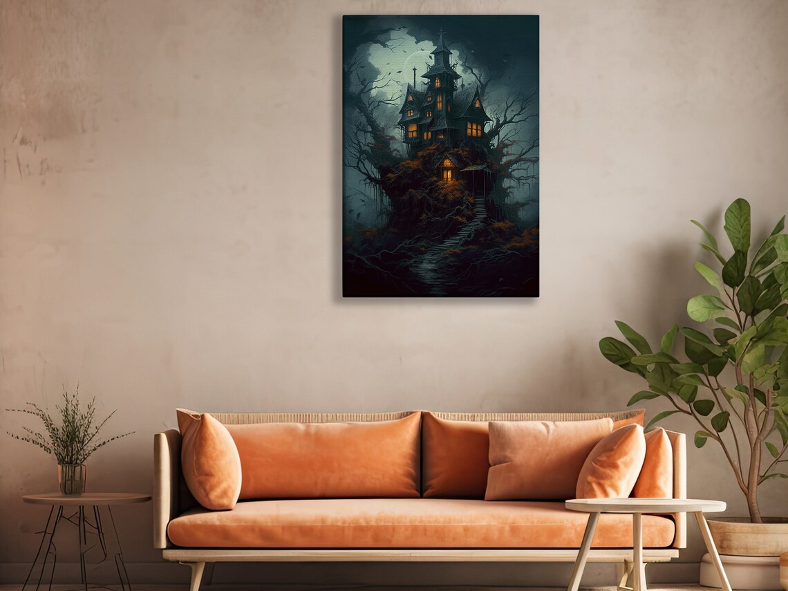 Haunted Victorian Castle At Night With Glowing Windows Mist Gothic Poster - Image 3