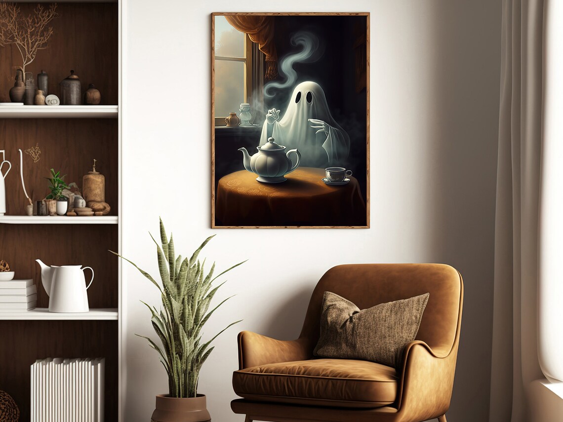 Vintage Ghost Enjoys Drinking Tea, Gothic Halloween - Image 2