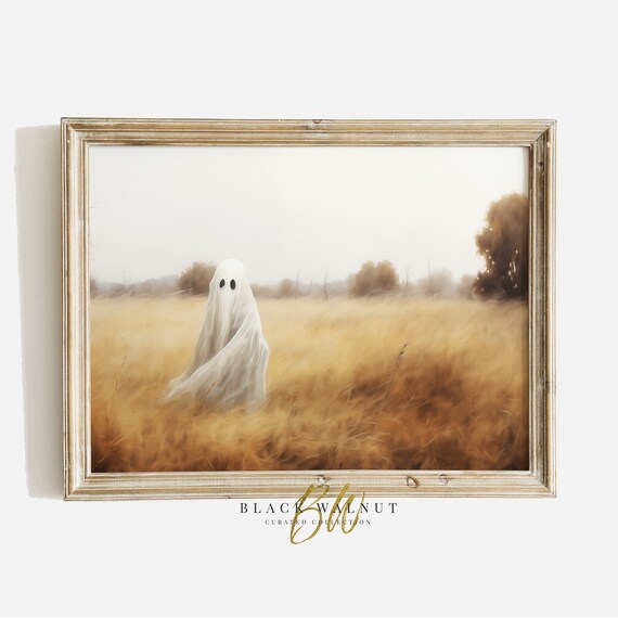 Ghost In Field Art Print Halloween Decor Moody Spooky Ghost In Fall Field Vintage Style Painting Cottagecore Decor Art