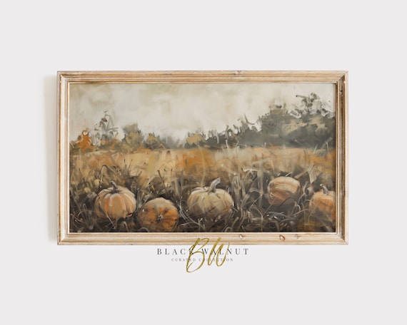 Muted Impressionist Pumpkin Field Painting Fall Harvest Vintage Wall Art Poster