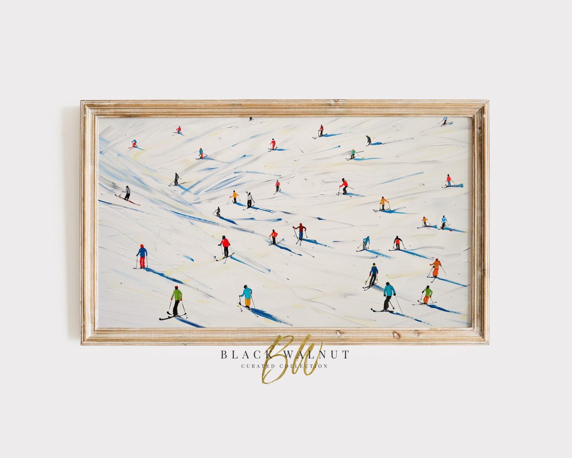 Crowded Ski Slope Colorful Skiers Blue Shadows Impasto Winter Wall Art