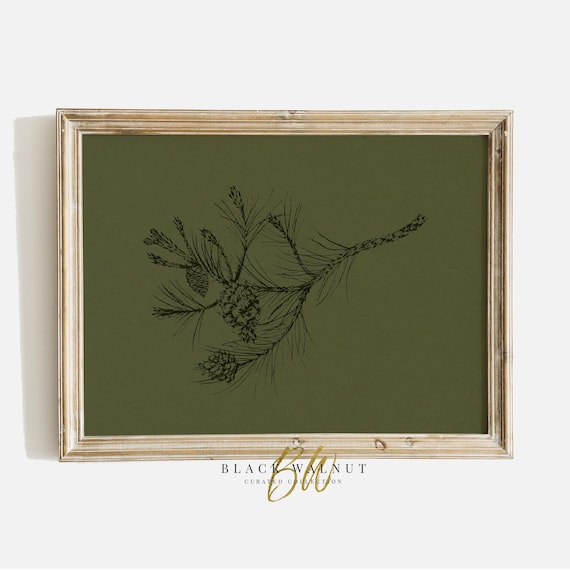 Winter Branch Dark Moody Green Christmas Wall Art Print Botanical Minimalist Sketch Art Modern Farmhouse Decor